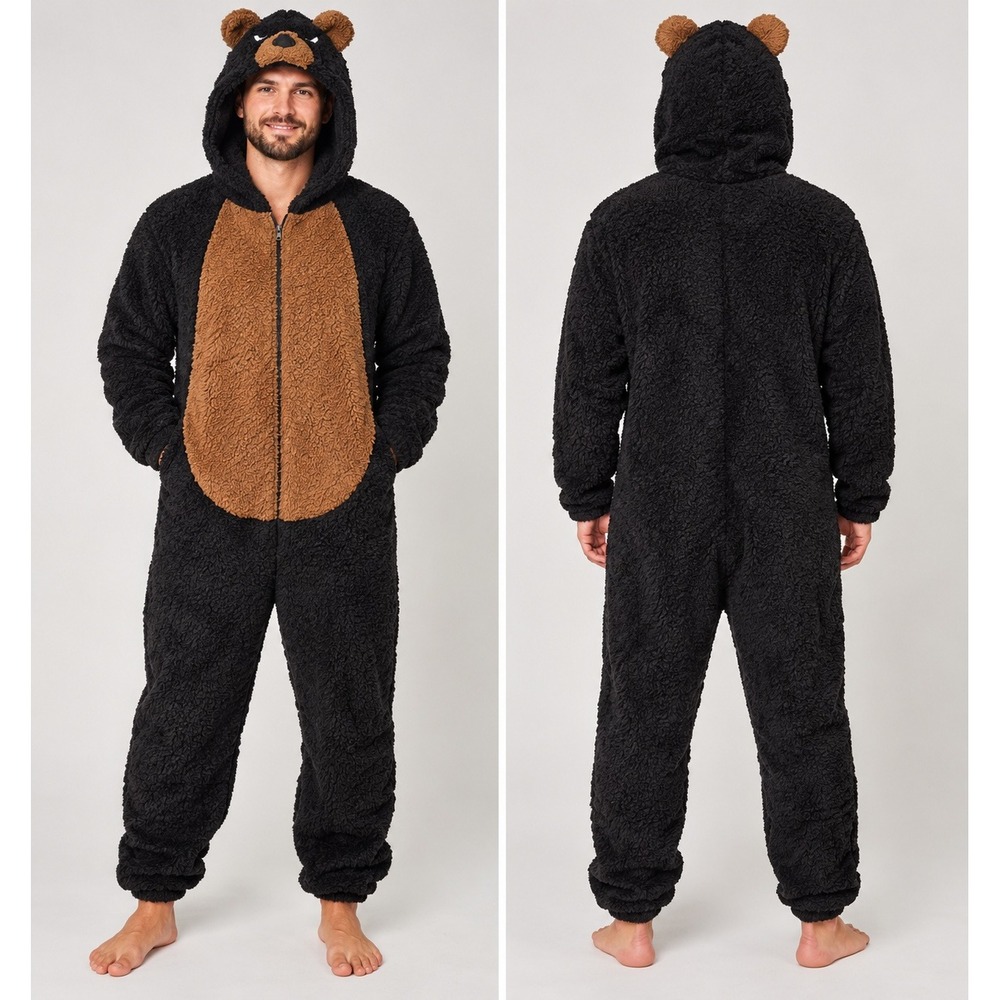 Halloween Brown Bear Costume Plush Fleece Hooded Jumpsuit Unisex Size Large New